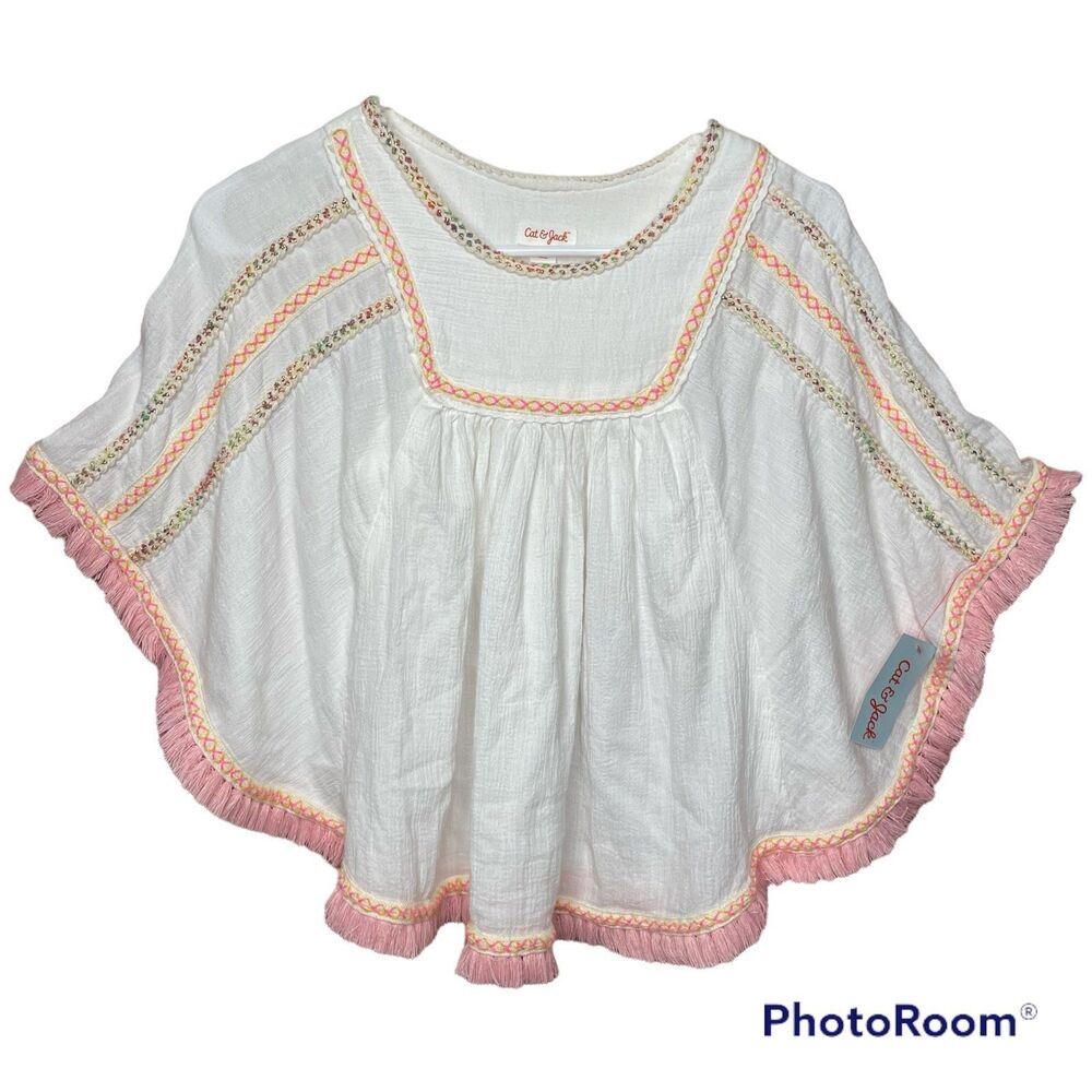 Cat & Jack Boho Poncho Sweater Lightweight Pink Fringe Metallic Trim Size 4/5